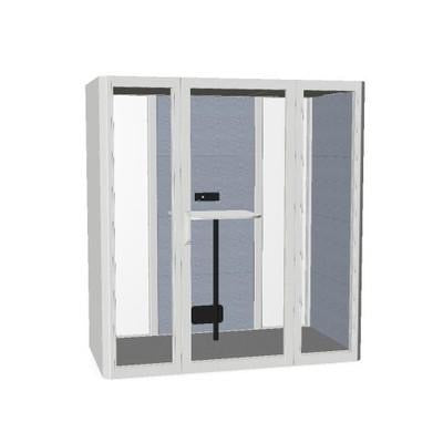 Actui QYOS 200, 2PAX MODULE 205X105X221CM, AREA 2,15M2, ALUMINUM FEET WITH LEVELERS AND CASTORS, WHITE PROFILE, OUTER FACING WHITE MFC, INDOOR FACING AE62 LIGHT BLUE, UK-220V CONNECTIVITY, W/O MONITOR ATTACHMENT, 100CM HEIGHT WHITE MFC TABLE