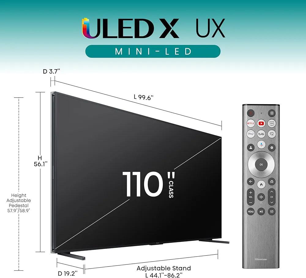 Hisense 110 Inch UX Series 4K Mini-LED ULED TV,Google Smart with Alexa compatibility,QLED, Hands Free voice Control with Built-in Subhoofer and Ultra viewing Angle HISTV110UX
