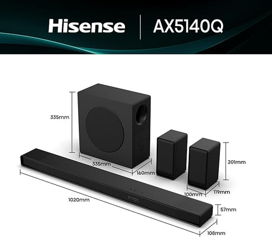 Hisense 5.1.4 CH Soundbar, 4 up-firing speakers, wireless subwoofer AUD 5140Q-AX
