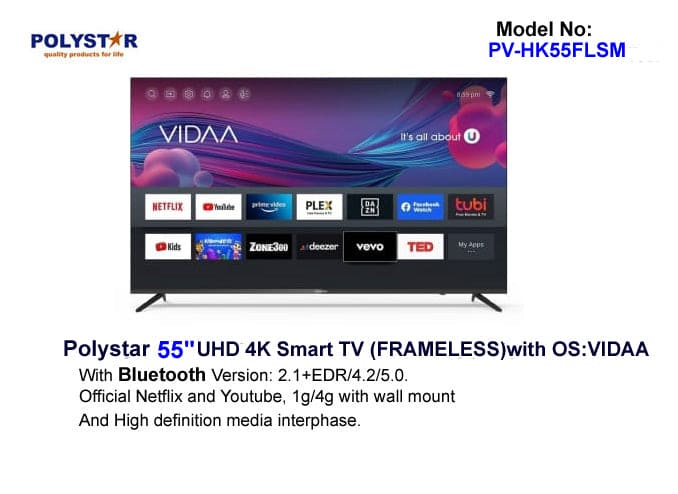 POLYSTAR 55 INCHES SMART 4K Ultra HD TV PV-HK55FLSM
