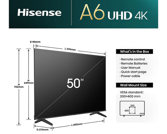 Hisense 50 Inch A6N Series UHD 4K Smart TV with Free wall bracket - 50A6N