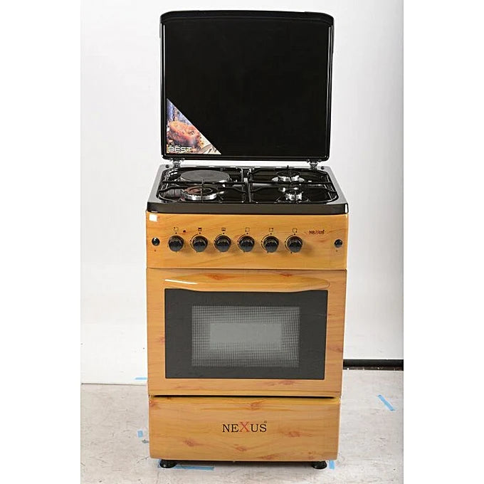 Nexu 3 Gas Burner + 1 Electric Hotplate Standing Cooker  NX-6004 BS Wood finish