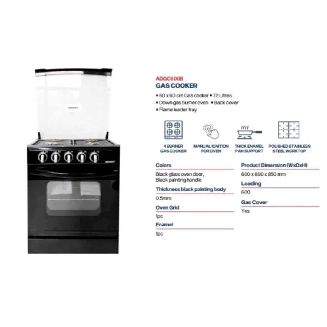 Admiral 60x60 4 Gas Burner Cooker Black, AD_GC600B