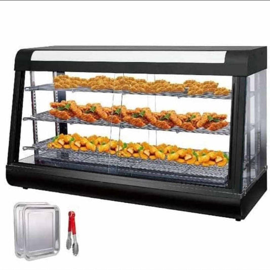 Commercial Food Warmer Display,2ft, 35" 3-Layer Pizza Warmer Cabinet with 3D Heating, Countertop Pastry Warmer, Temperature and Light Contral, Stainless Steel Framed Glass Door