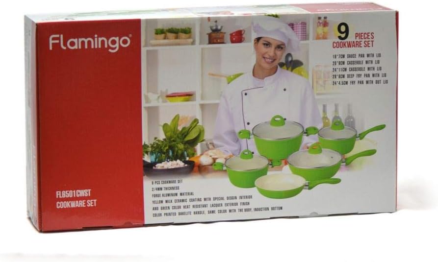 Flamingo 9 Pieces Ceramic Cookware Set, FL6501CWST, Green