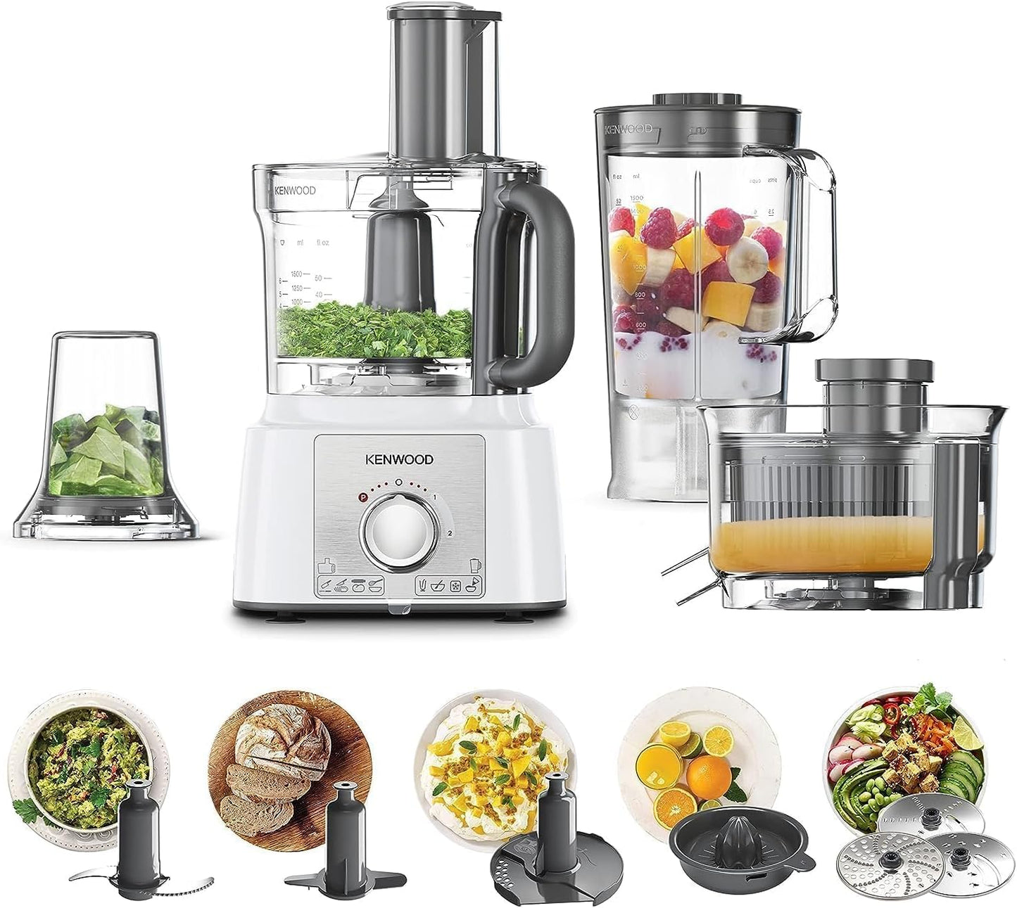 Kenwood Food Processor 1000W with 3 Stainless Steel Disks, Blender, Grinder, Juicer, Whisk & Dough Maker FDP65.750WH