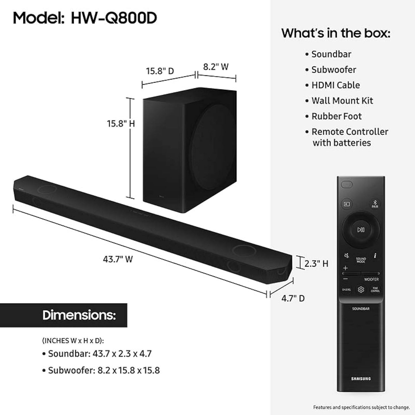 Samsung 5.1.2Ch Sound Bar Top side speakers 8 Subwoofer HW-Q800D/KE