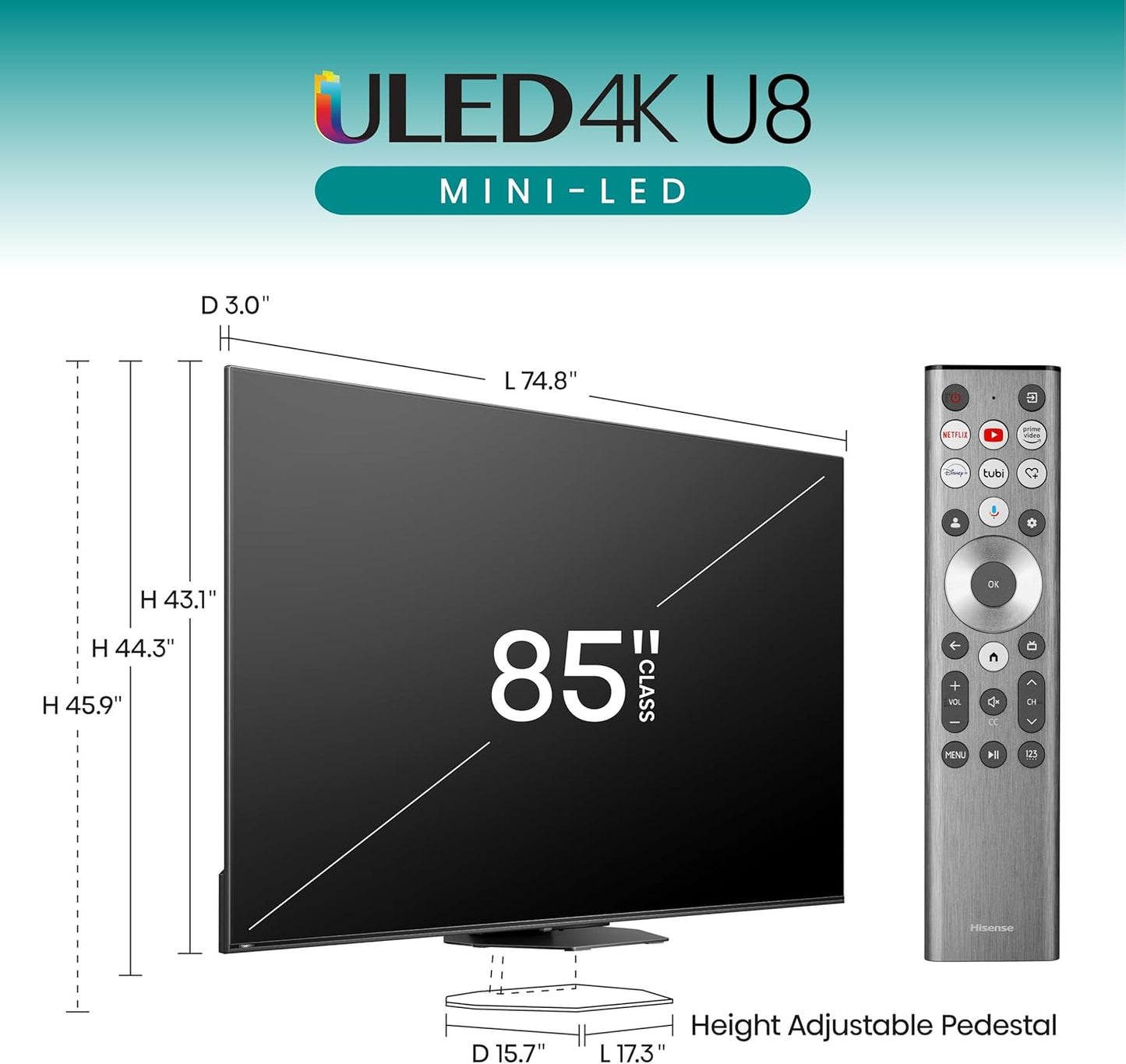 Hisense 85 Inch ULED Smart 4K Mini-LED TV With Quantum Dot Colour and 120Hz Game Mode PLUS 85U8N