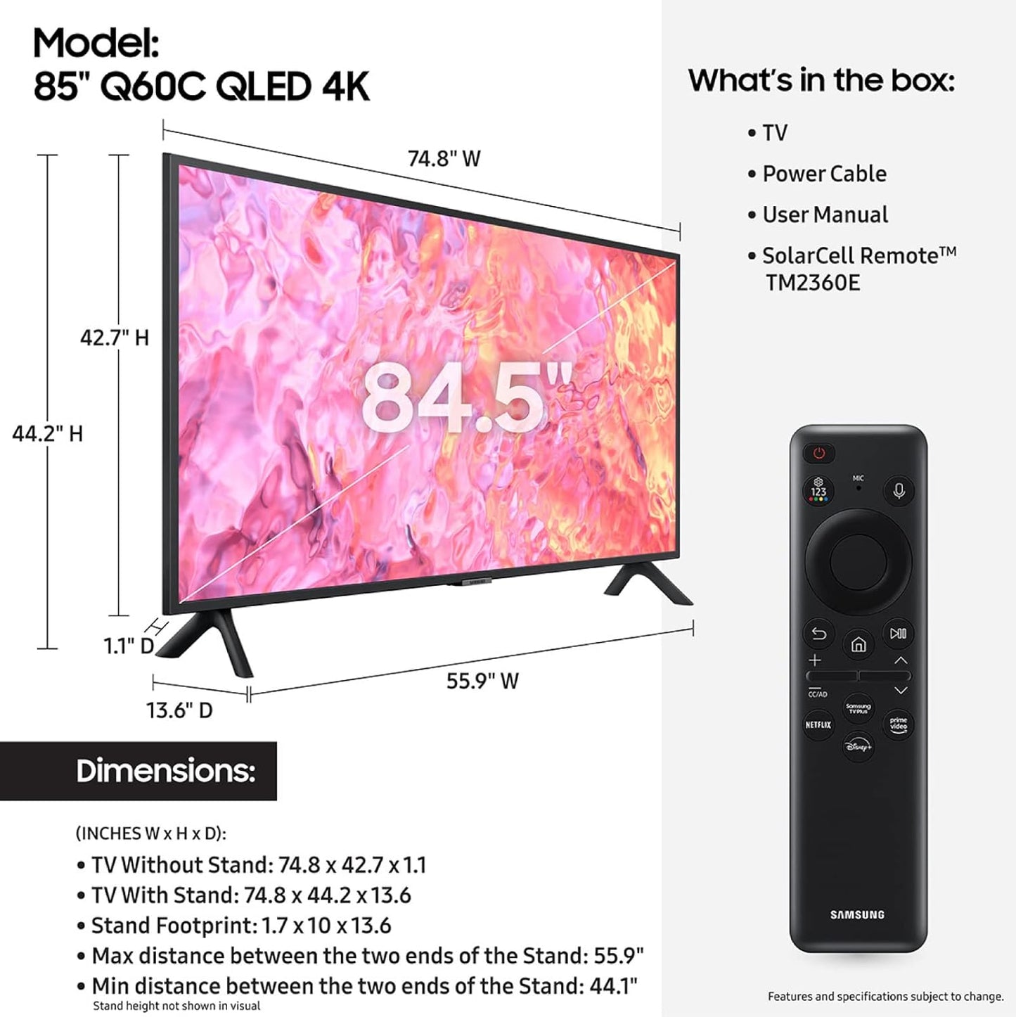 Samsung 85 inch QLED 4K Smart TV, Tizen OS,Bixby, Alexa Voice Assitant QA85Q60CAUXKE