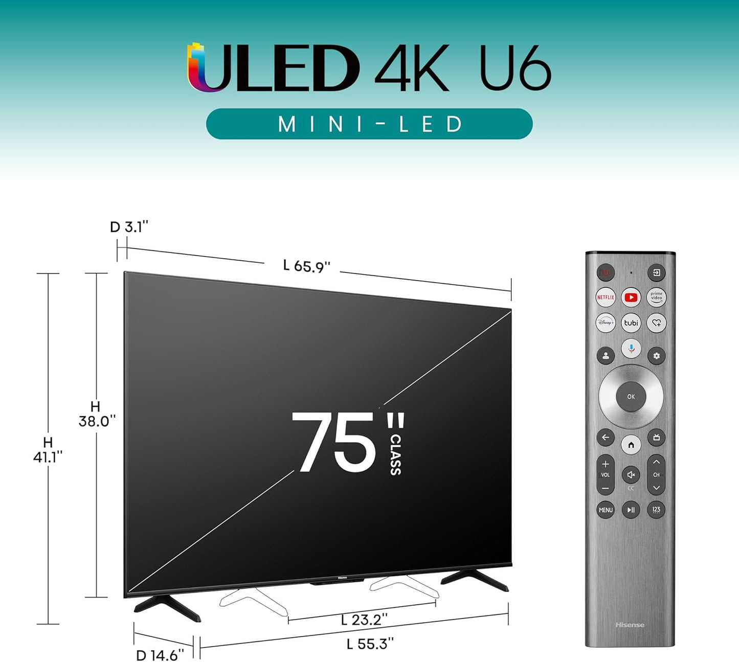 Hisense 75 Inch 4K ULED Mini-LED PRO QUANTUM DOT COLOR TV 75U6N-PRO