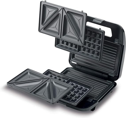 KENWOOD 3-in-1 Sandwich Maker, Waffle Maker & Grill with 3 Sets of Non Stick Multifunctional Plates for Grilling, Toasted Sandwiches and Waffles SMM02.000SI Silver/Black