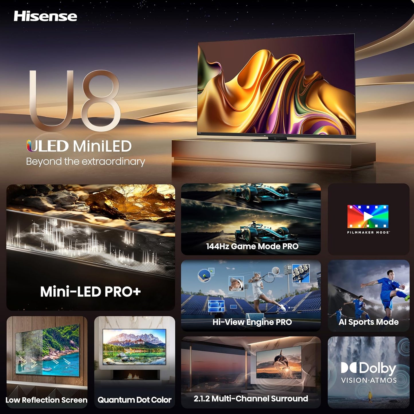 Hisense 85 Inch ULED Smart 4K Mini-LED TV With Quantum Dot Colour and 120Hz Game Mode PLUS 85U8N