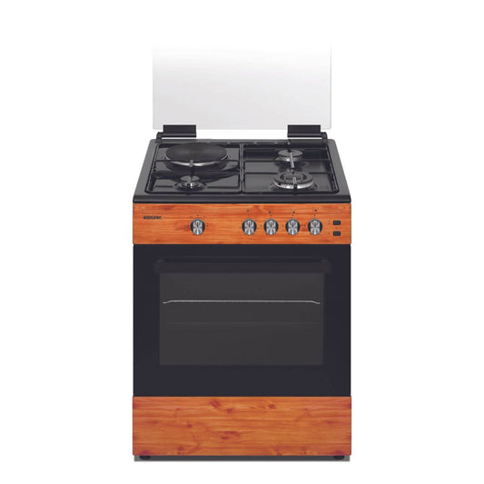 Bruhm 60x55 3 Gas Burner + 1 Electric Hotplate Standing Cooker (Wooden Finish) BGC-6631SN