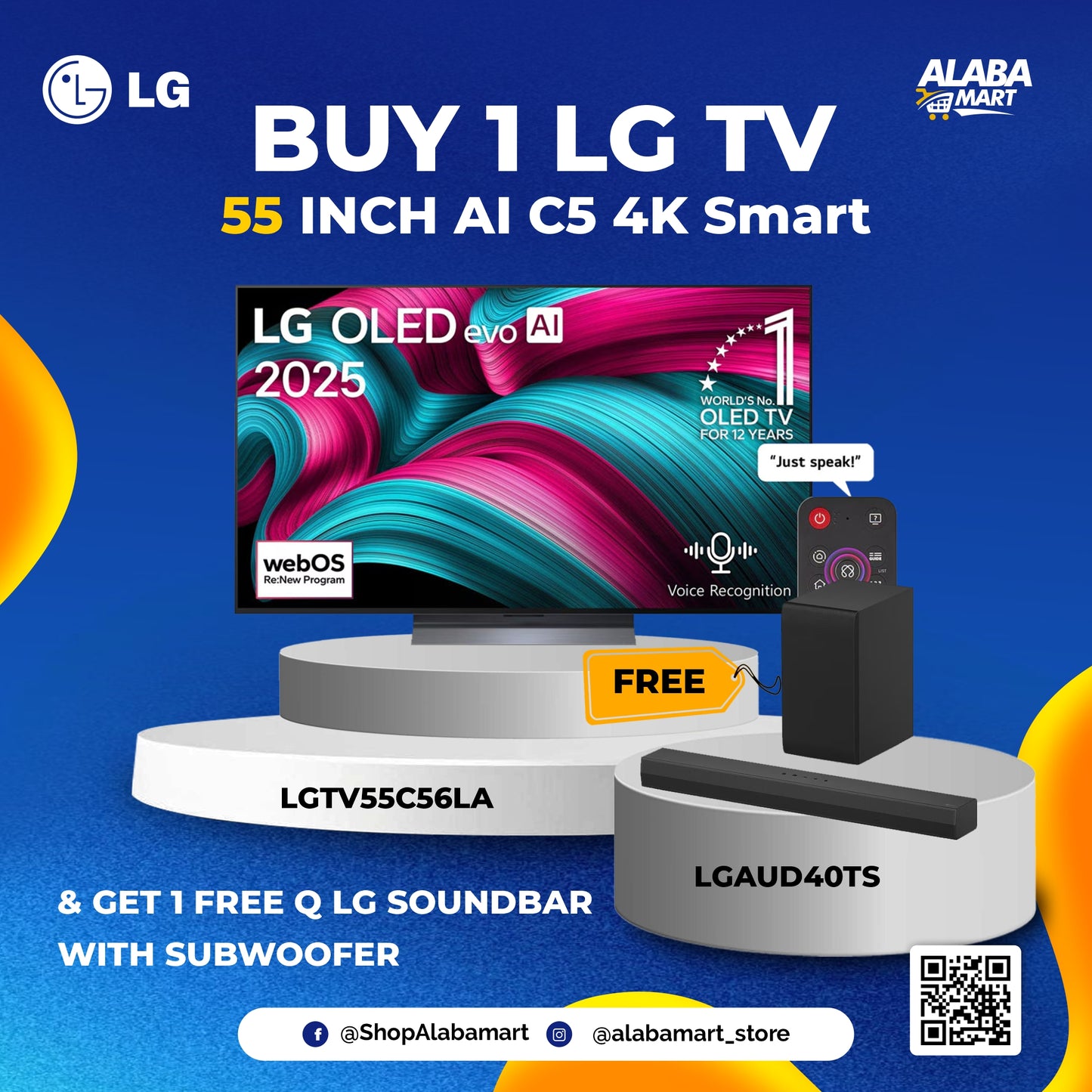 LG 55 Inch OLED AI THINQ Smart 4K Processor Flat Screen with Magic Remote AI-Powered TV 55C56