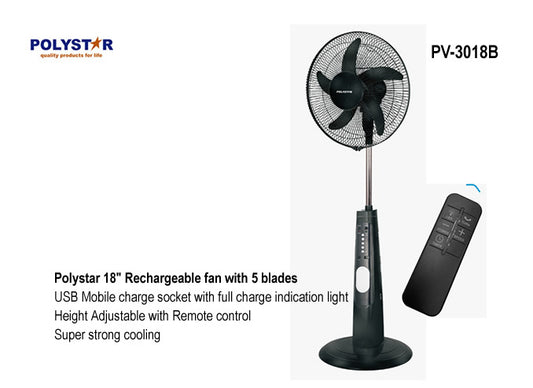 Polystar 18 inches Rechargeable Fan PV-3018B USB