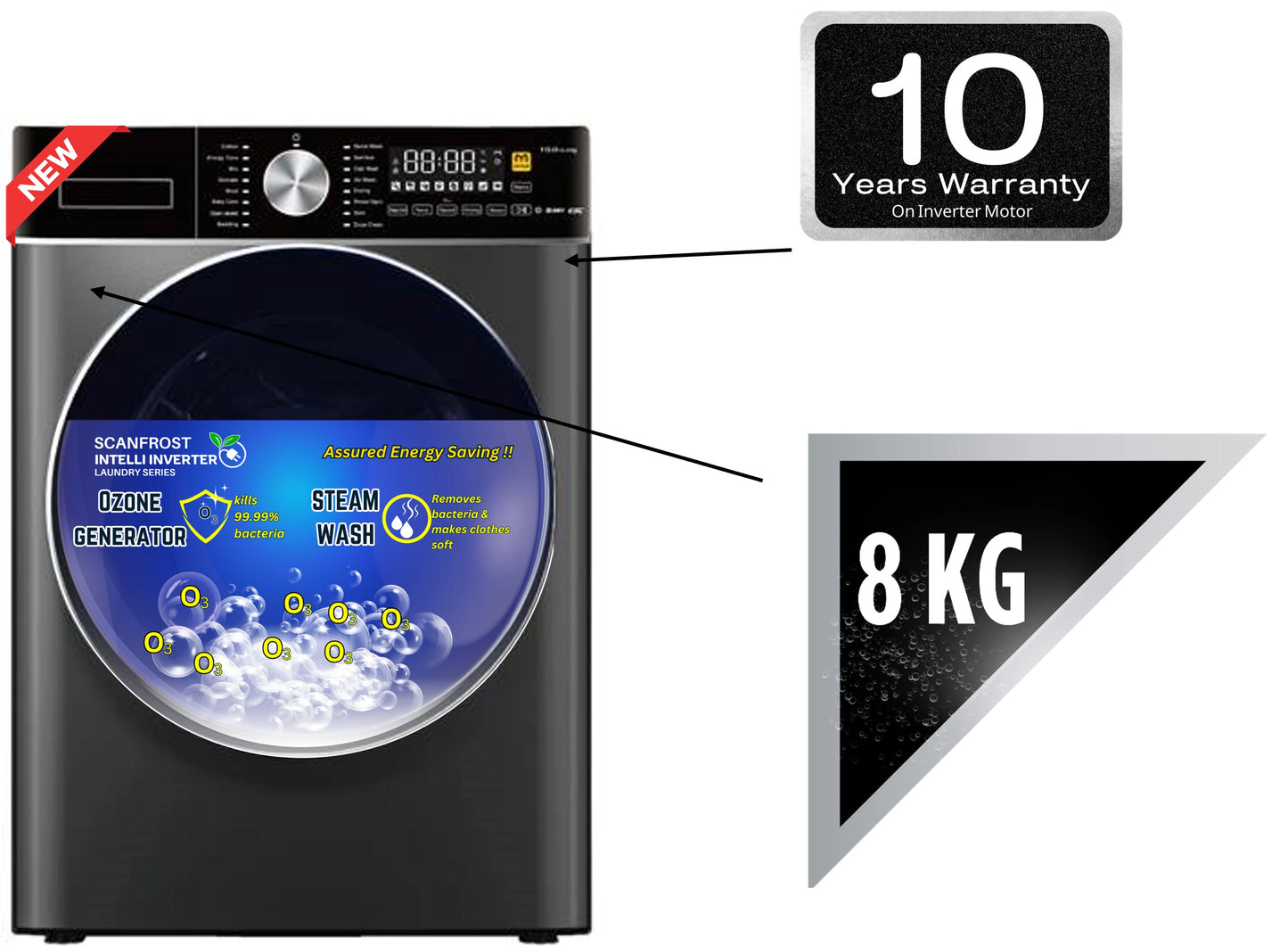 Scanfrost 8kg Front Load Inverter Washing Machine - SFWMFL8000INVME