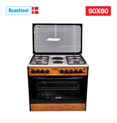 Scanfrost 90x60 4 Gas Burner + 2 Electric Hotplate Standing Cooker Wood Finish – SFC9425NGF