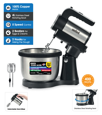 Sanford SF1361SM Stand and Hand Mixer, 2 in 1 Operation, Stand Mixer with Detachable Hand Mixer