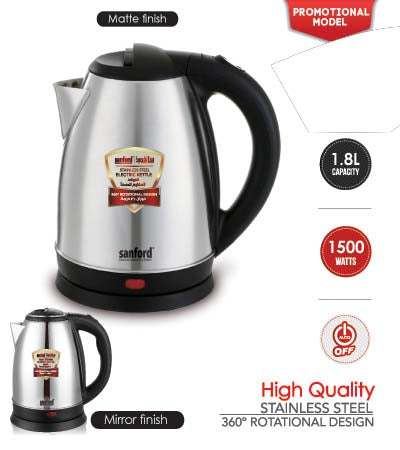 Sanford SF3343EK - 1.8L Electric Kettle, 360° Rotational Cordless kettle,  High quality Stainless steel inner shell