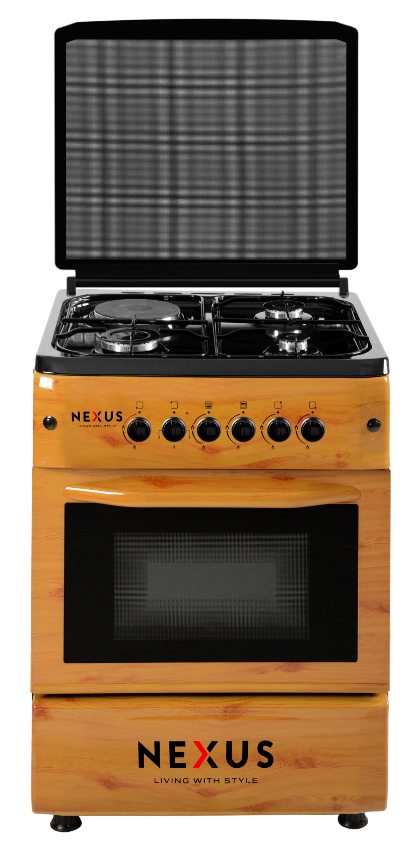 Nexu 3 Gas Burner + 1 Electric Hotplate Standing Cooker  NX-6004 BS Wood finish